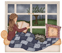 Gif of woman reading in a blanket with a cat in a window with a scene of a rainy day outside